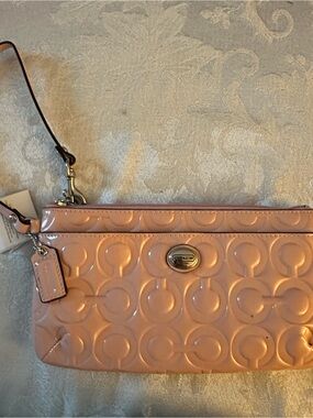 Coach Pink Patent leather Embossed signature C large Wristlet Clutch
